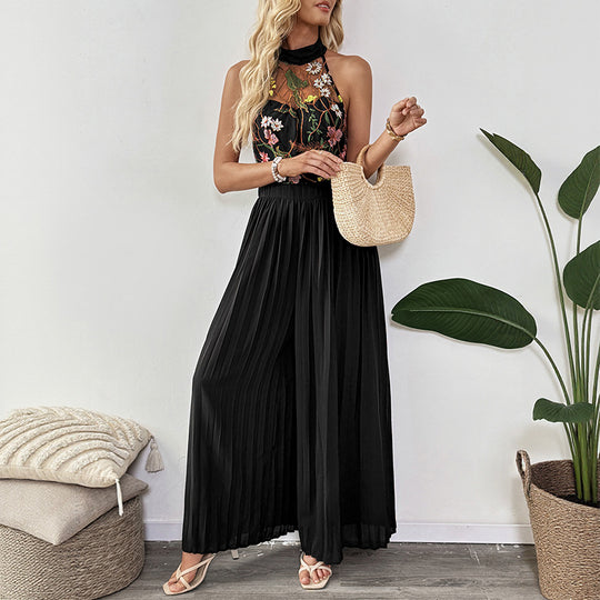 Damen Plissierter Jumpsuit mit floralem Spitzeinsatz und hohem Kragen R&B