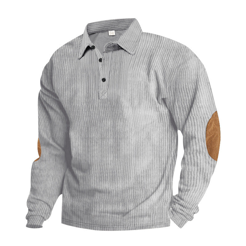 Herren nan schwerer gerippter Baumwoll-Polo-Pullover mit Kentkragen dreifach-Knopfleiste und Wildleder-Ellenbogenpatches R&B