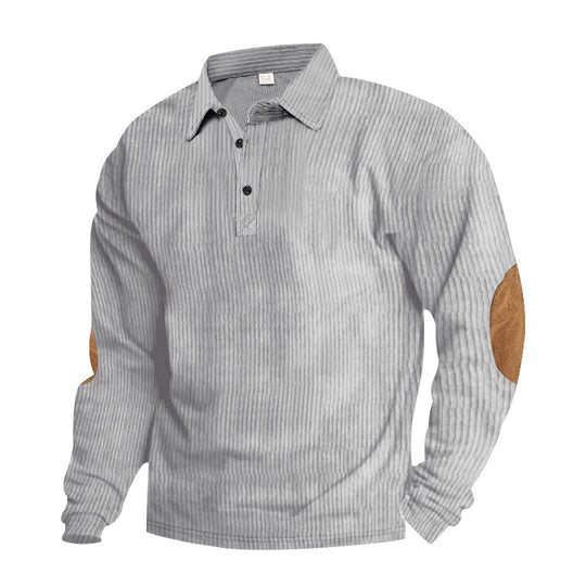 Herren nan schwerer gerippter Baumwoll-Polo-Pullover mit Kentkragen dreifach-Knopfleiste und Wildleder-Ellenbogenpatches R&B