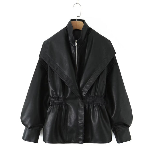 Damen Kunstlederjacke mit asymmetrischem Kragen und tailliertem Schnitt R&B
