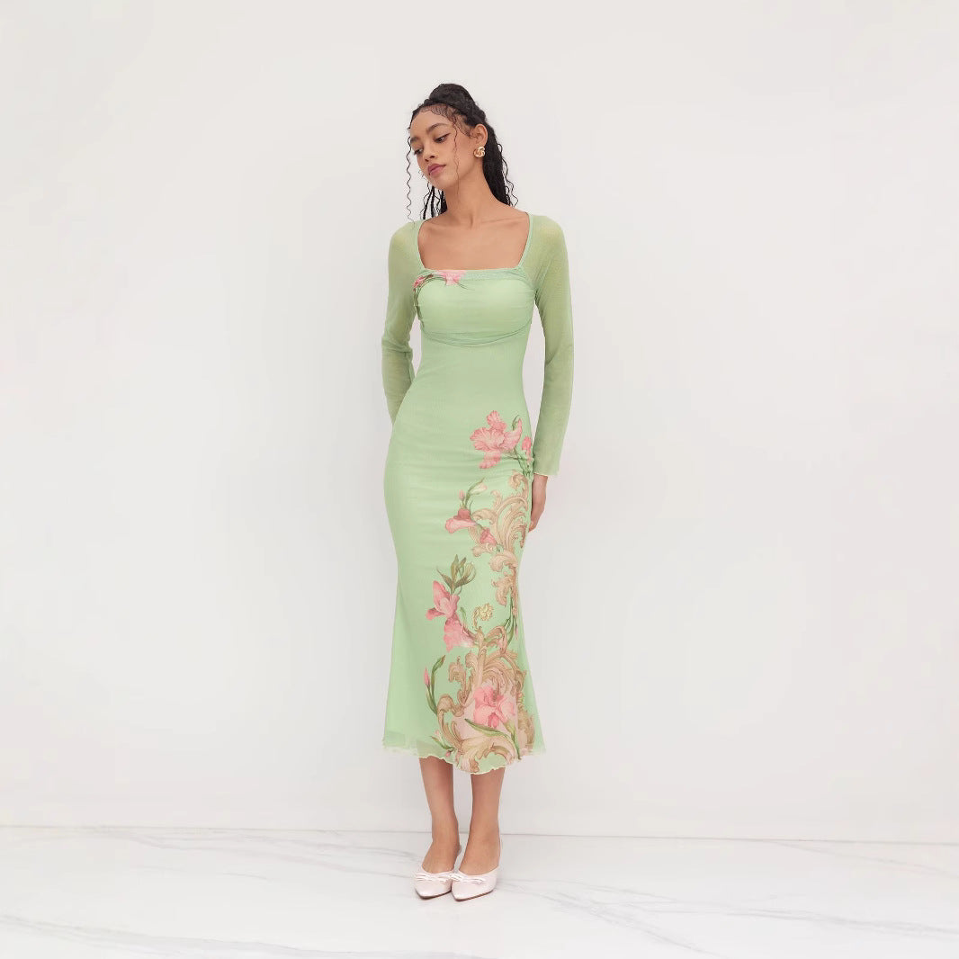 Damen elegantes Midikleid mit floralem Design und transparenten Longsleeves R&B