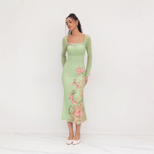 Damen elegantes Midikleid mit floralem Design und transparenten Longsleeves R&B