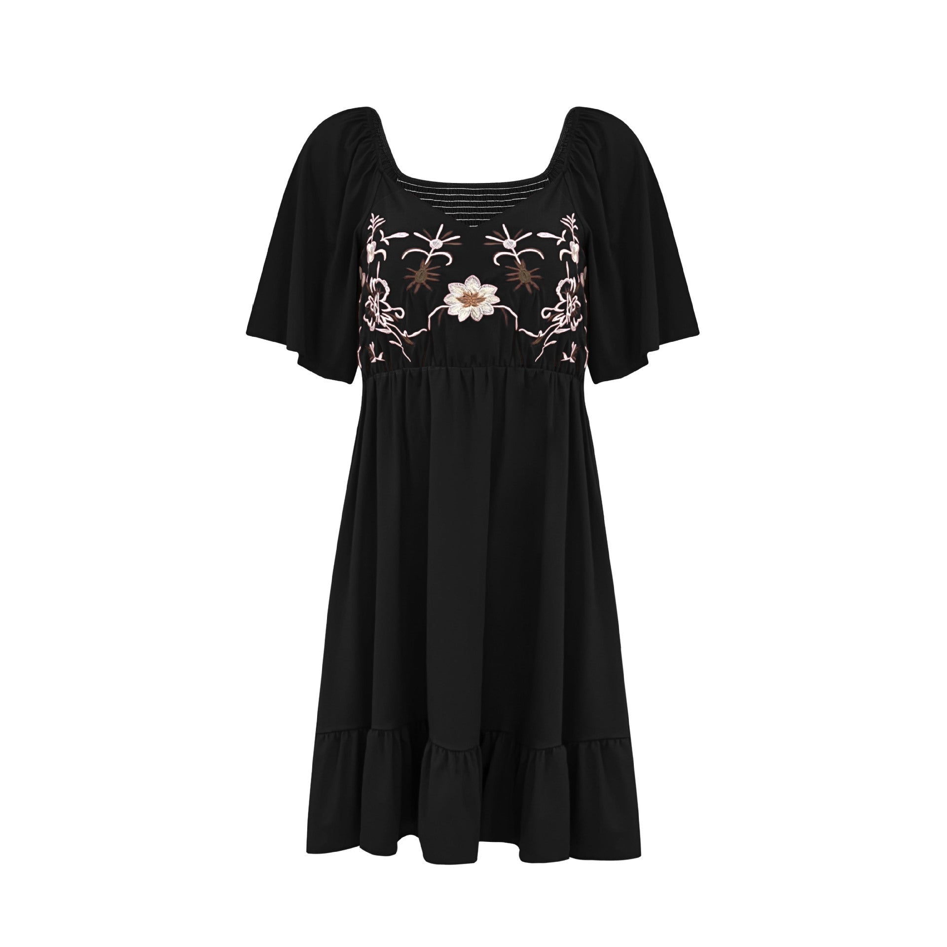 Damen bodenlanges Sommerkleid mit kunstvoller Stickerei und schwingendem Saum R&B
