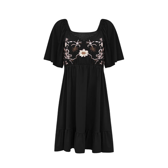 Damen bodenlanges Sommerkleid mit kunstvoller Stickerei und schwingendem Saum R&B