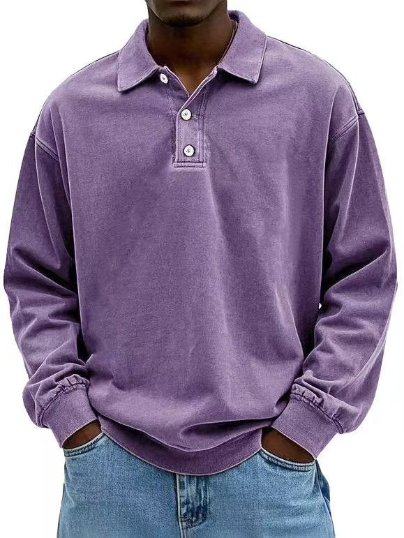 Herren nan lässiges Poloshirt-Sweatshirt mit Kragen, Vintage-Waschung und dreiteiliger Knopfleiste R&B