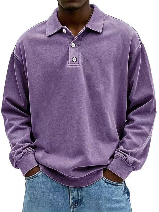 Herren nan lässiges Poloshirt-Sweatshirt mit Kragen, Vintage-Waschung und dreiteiliger Knopfleiste R&B
