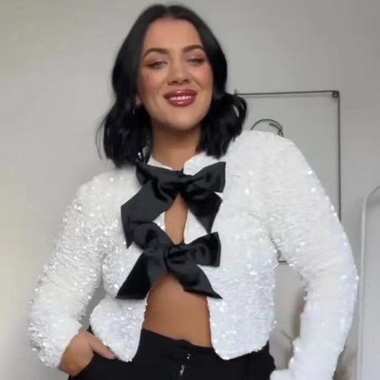 Damen Eleganter Paillettenblazer mit großem Schleifenverschluss und funkelnden Details R&B