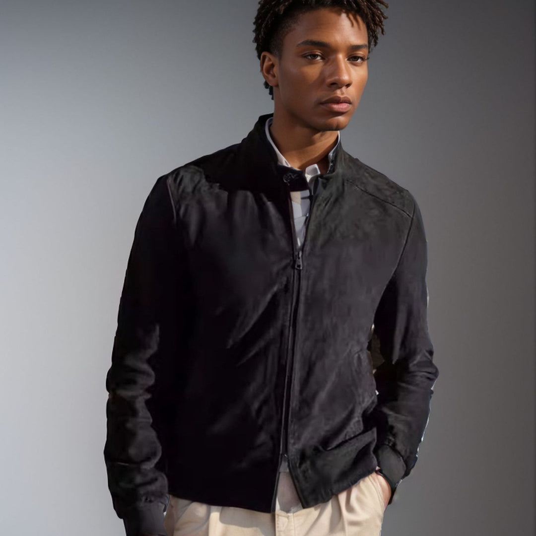 Herren lässige Wildlederjacke mit Stehkragen und seitlichen Reißverschlusstaschen R&B