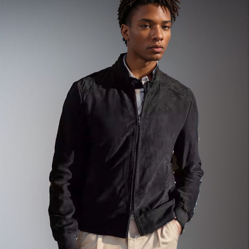 Herren lässige Wildlederjacke mit Stehkragen und seitlichen Reißverschlusstaschen R&B