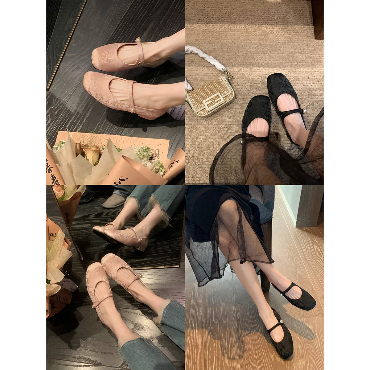 Damen elegante Ballerinas mit verstellbarem Riemchen und Blütenmuster