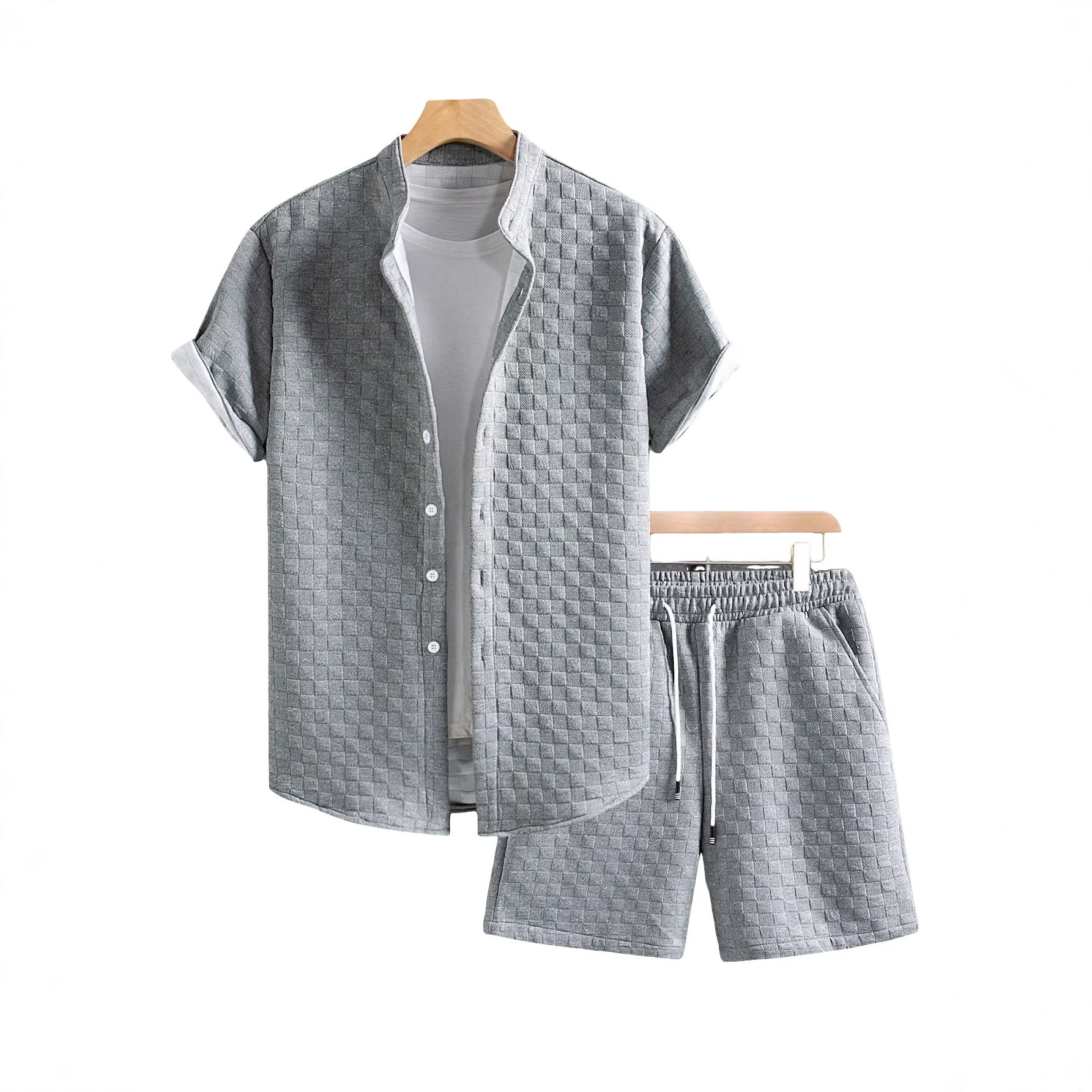 Herren nan zweiteiliges Sommerensemble mit Stehkragen-Hemdjacke und elastischen Komfort-Shorts in geprägter Karo-Textur R&B