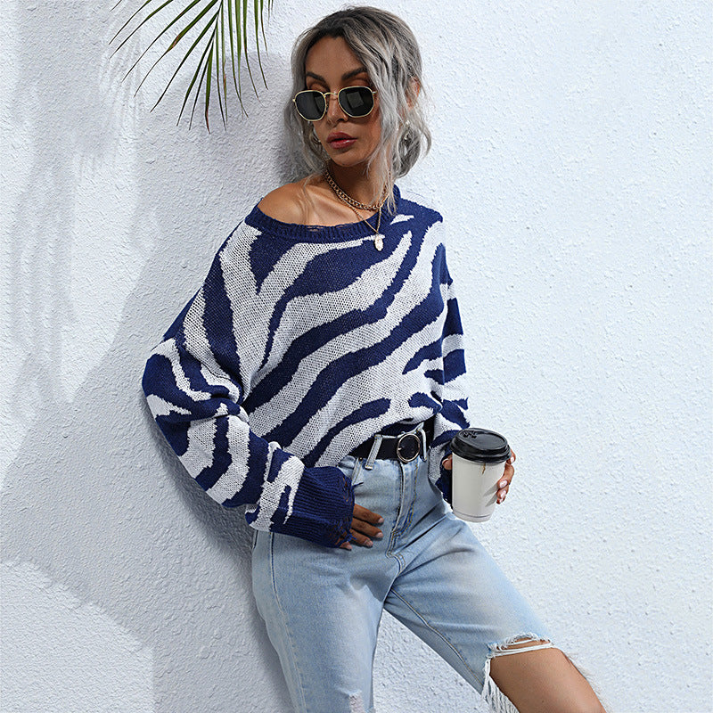 Damen Oversized Strickpullover mit modernem Zebra-Design und weitem Schnitt R&B