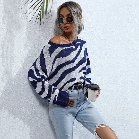 Damen Oversized Strickpullover mit modernem Zebra-Design und weitem Schnitt R&B