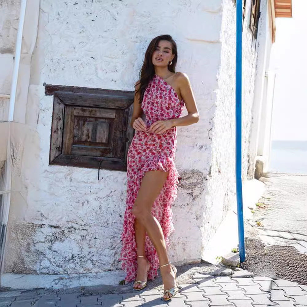 Damen asymmetrisches Sommerkleid mit Blumenmuster und Raffungen R&B