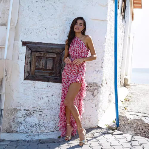 Damen asymmetrisches Sommerkleid mit Blumenmuster und Raffungen R&B