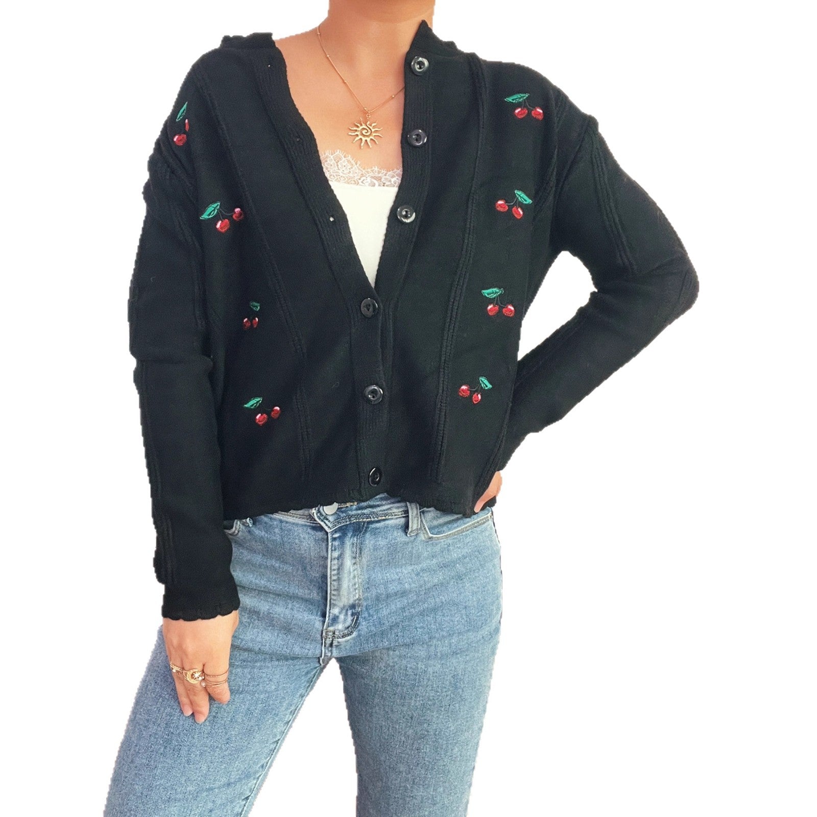 Damen Strickjacke mit verspieltem Kirschmuster und dekorativen Knopfdetails R&B