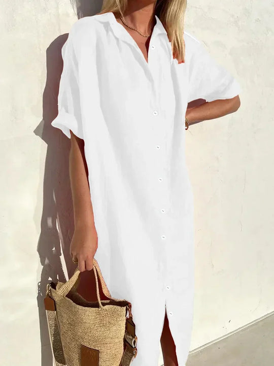 R&B | Knopfkleid mit weitem Ausschnitt und schmalen Ärmeln, elegant und locker, für Frauen – aus Baumwolle