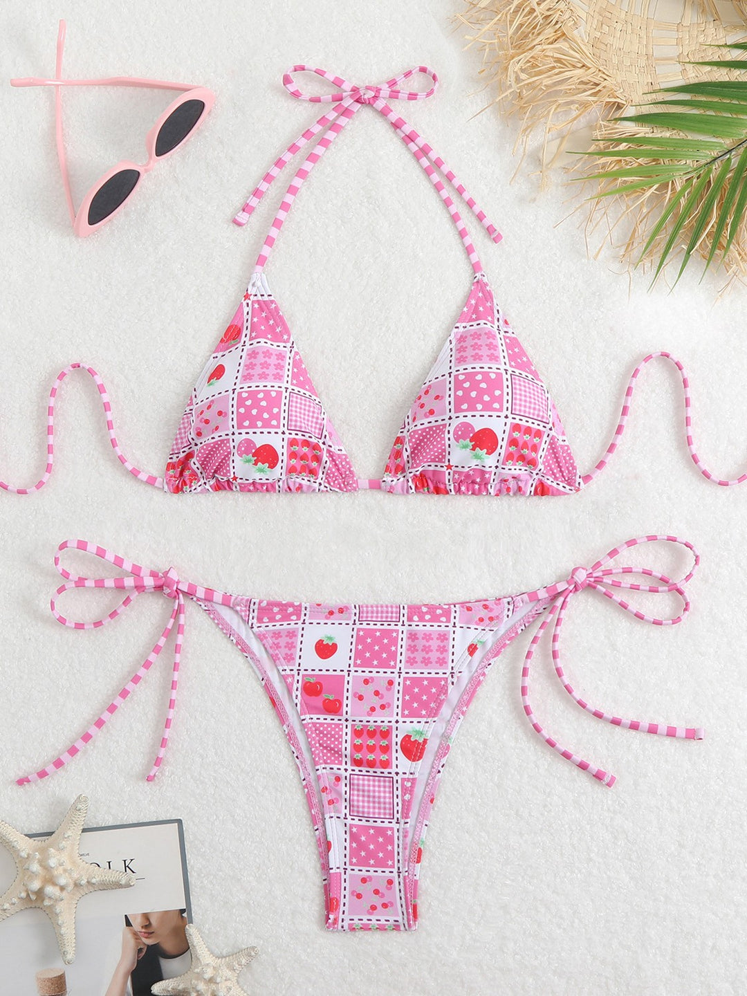 Damen Triangel-Bikini-Set mit verspieltem Blumenmuster und feinen Bindebändern R&B