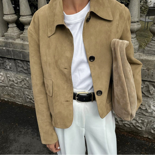 Damen modische Wildlederjacke mit praktischen Taschen und klassischem Kragen R&B