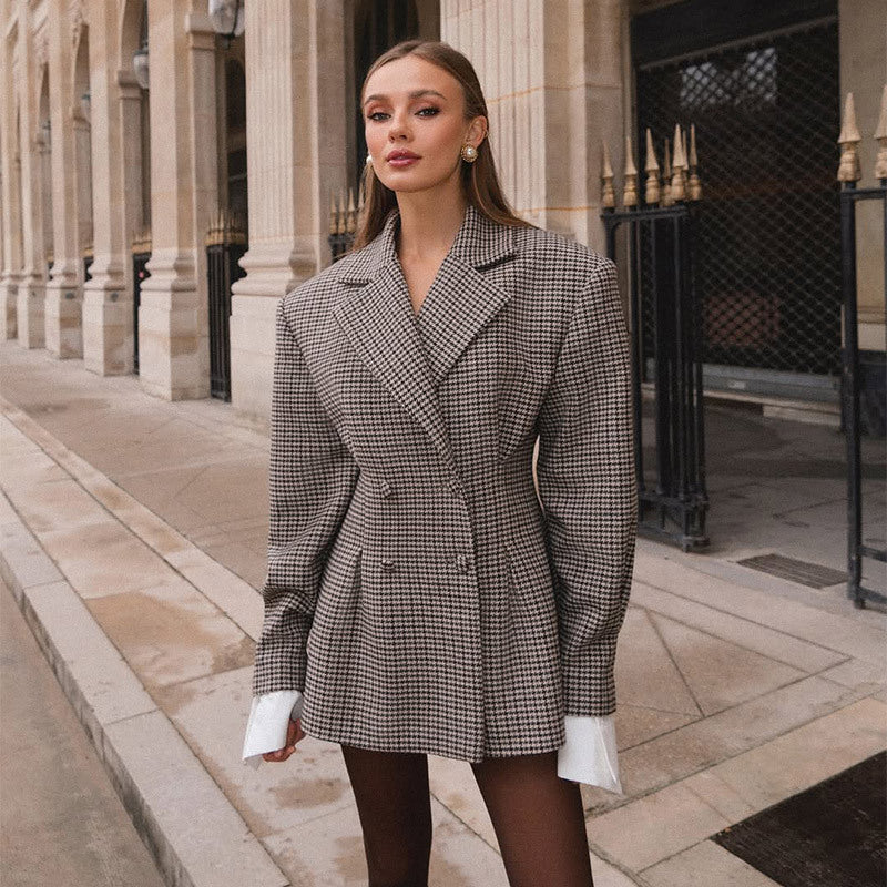 Damen Oversized Blazer mit Karomuster und Knopfdetails