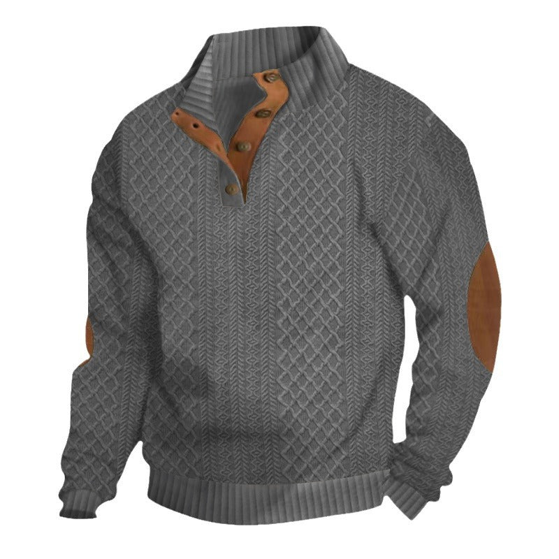 Herren nan Grobgestrickter Pullover mit Ellbogenpatches, Stehkragen und Knopfleiste R&B