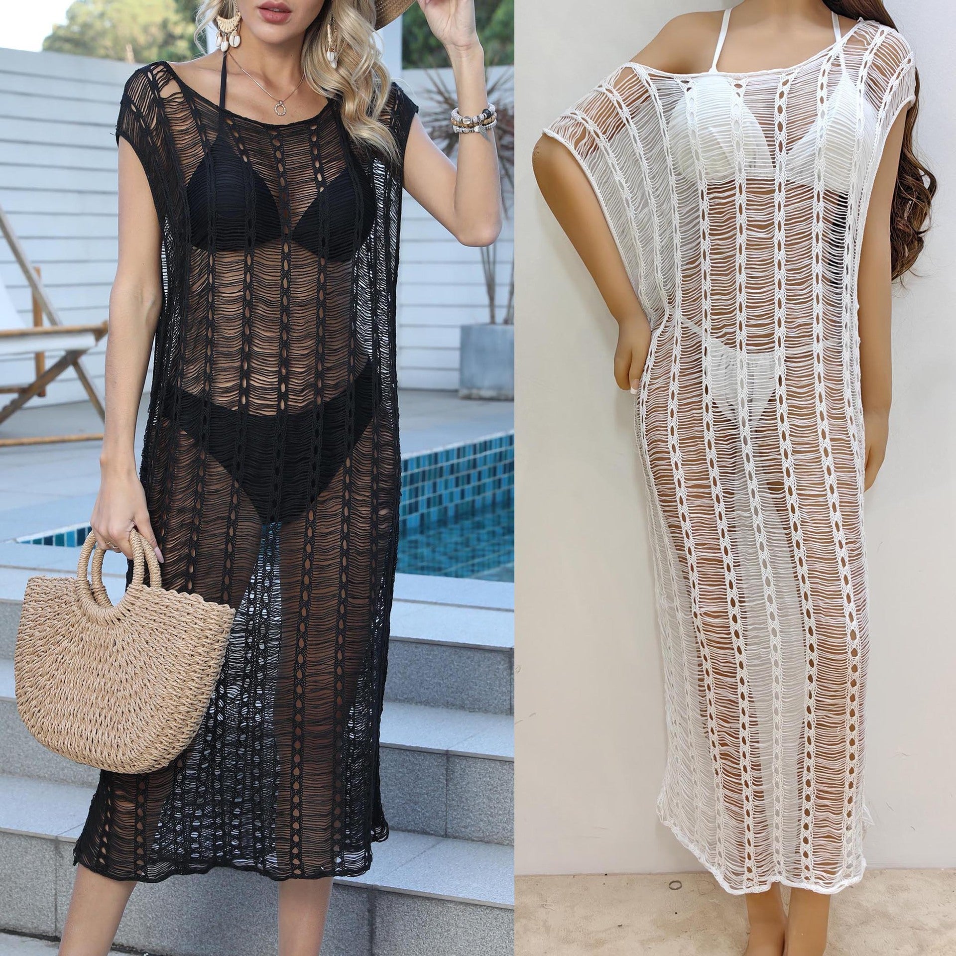 Damen transparenter Häkelstrandüberwurf mit fransigen Details R&B