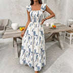 Damen Elegantes Maxi-Kleid mit floralem Print und schulterfreien Rüschenärmel R&B