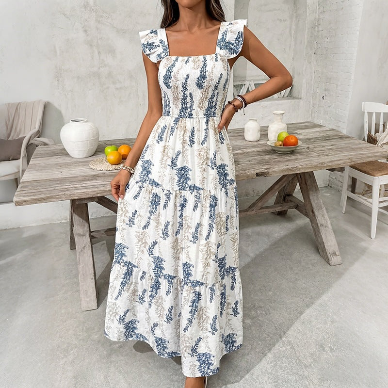 Damen Elegantes Maxi-Kleid mit floralem Print und schulterfreien Rüschenärmel R&B