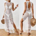 Damen gehäkelter Strandüberwurf mit offenen Häkelelementen und eleganten Fransen R&B