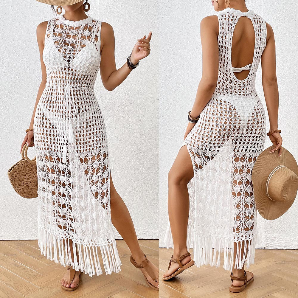 Damen gehäkelter Strandüberwurf mit offenen Häkelelementen und eleganten Fransen R&B