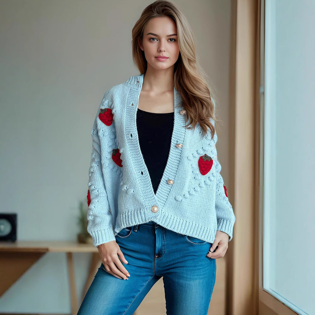 Damen Strickjacke mit verspieltem Erdbeermotiv und Knopfdetails R&B