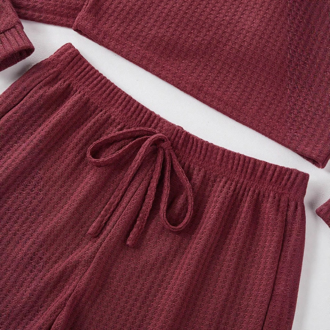 Damen Bequemes Zweiteiliges Waffel-Set mit Langarmoberteil und Shorts R&B