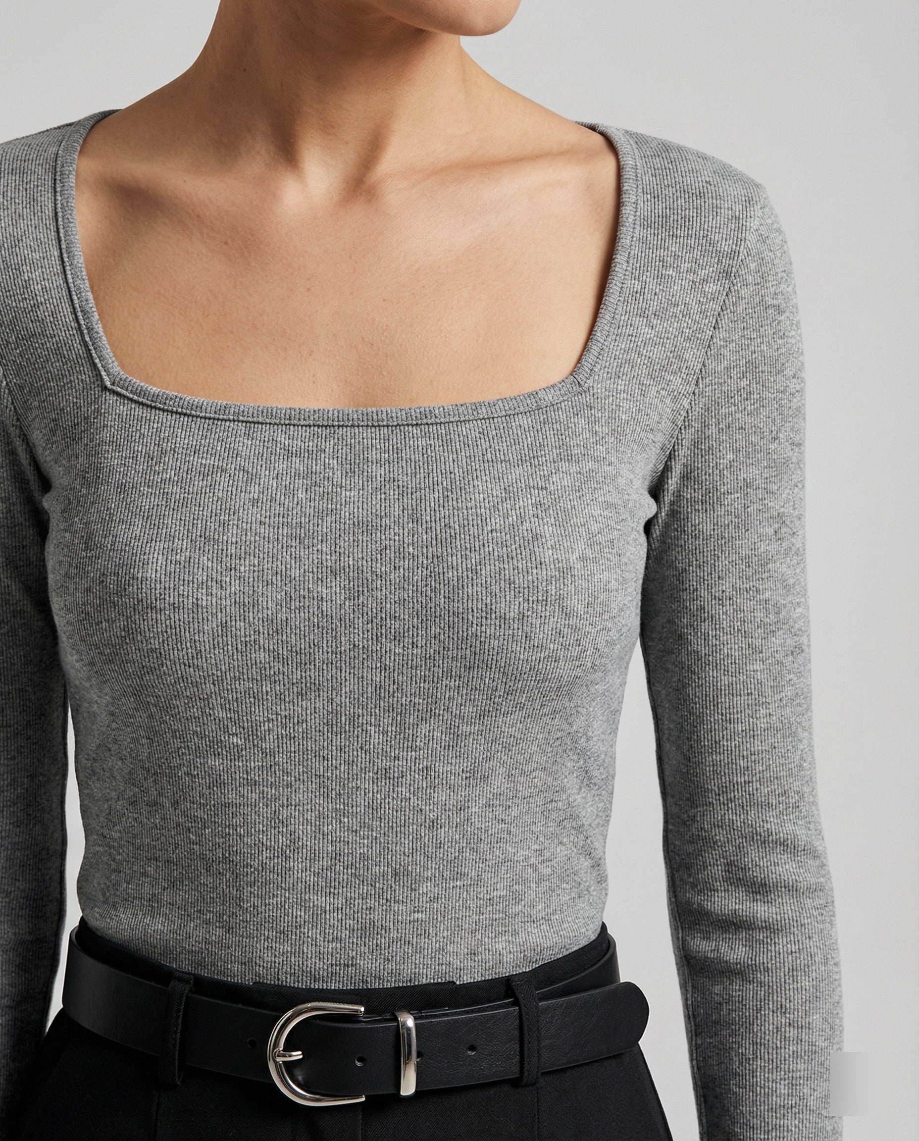 Damen Langarmshirt U-Ausschnitt Wellensaum Leichtes Strickoberteil Black Bean