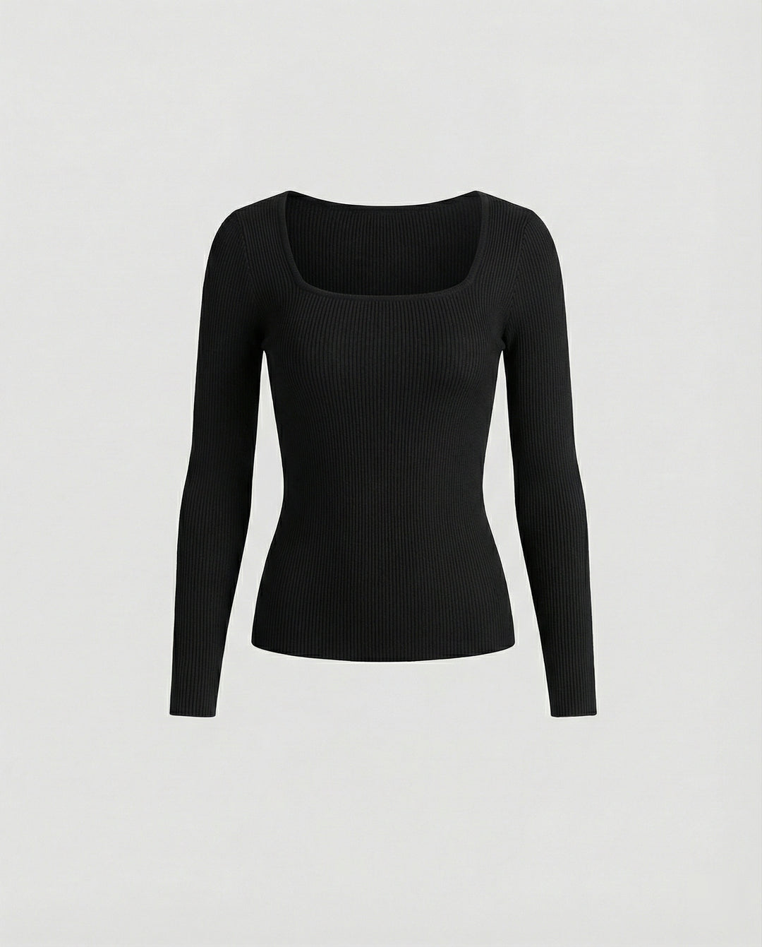Damen Langarmshirt U-Ausschnitt Wellensaum Leichtes Strickoberteil Black Bean