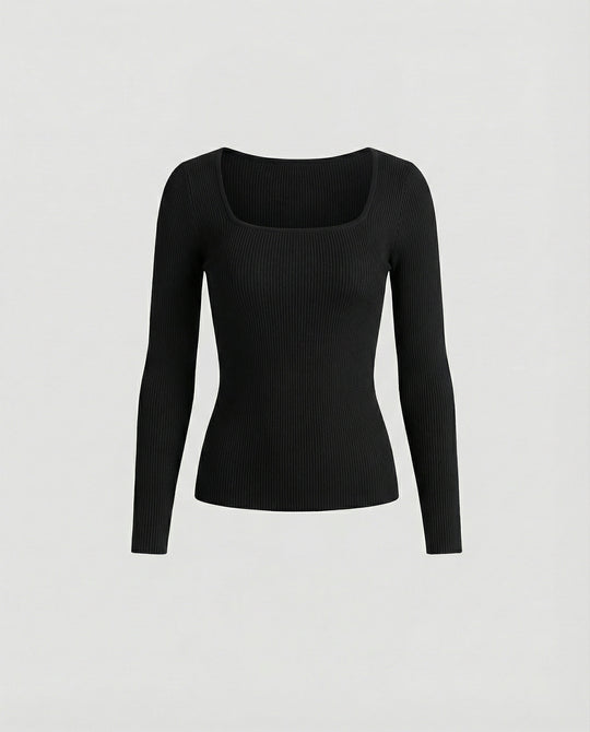 Damen Langarmshirt U-Ausschnitt Wellensaum Leichtes Strickoberteil Black Bean