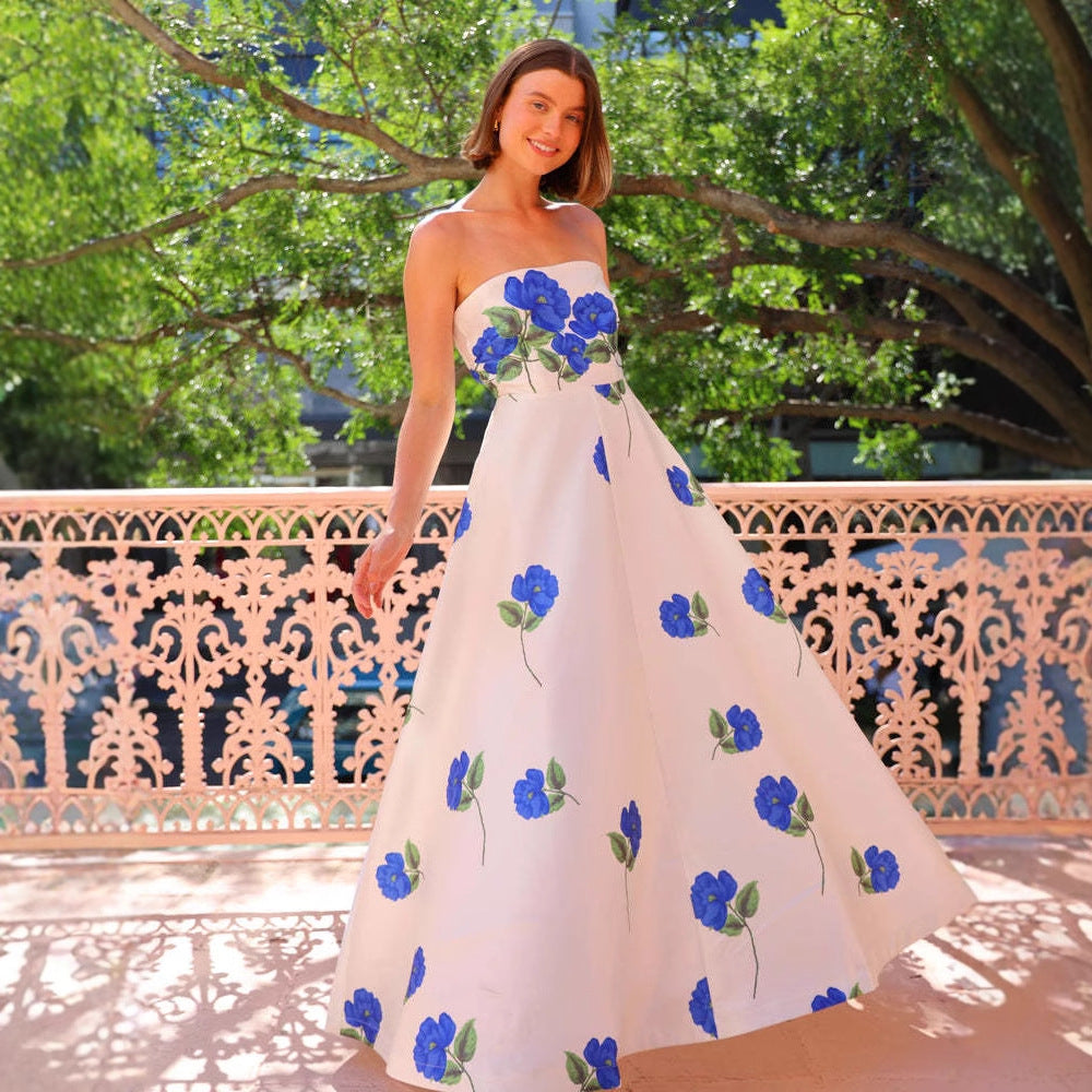 Damen Ballkleid mit floralem Oberteil und schwingendem Rock R&B