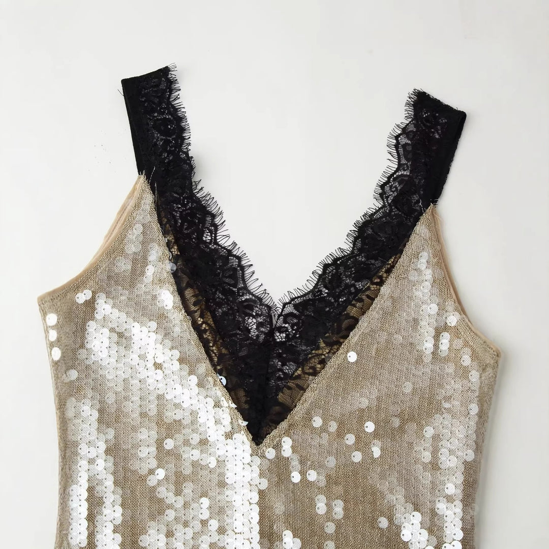 Damen glamouröses Abendkleid mit Pailletten und Spitzenverzierung R&B