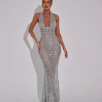 Damen Glamouröses Pailletten-Abendkleid mit tiefem V-Ausschnitt und elegantem Wickeldesign