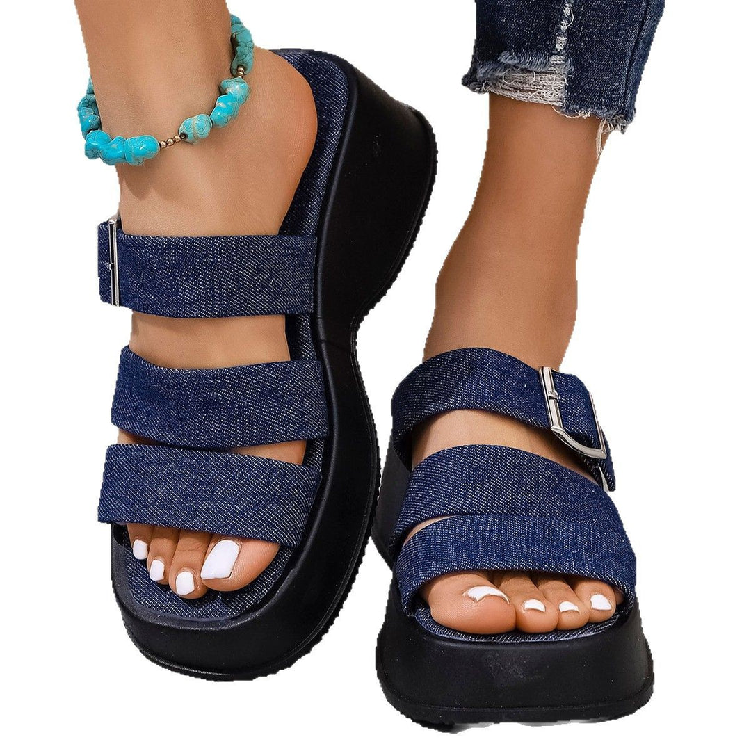 Damen Wedge-Pantoletten mit verstellbarem Schnallenverschluss und modischem Denim-Design R&B