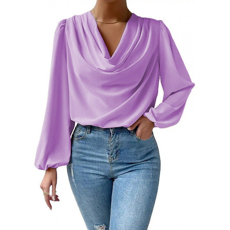 Damen elegante Bluse mit asymmetrischem Halsansatz und langen Ärmeln R&B