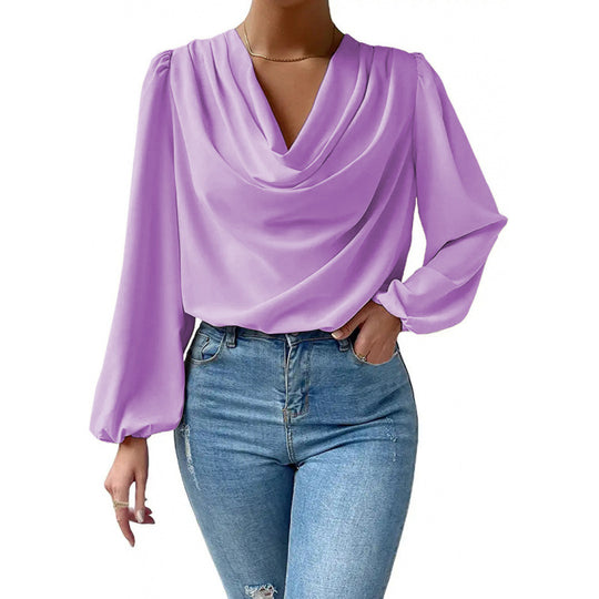 Damen elegante Bluse mit asymmetrischem Halsansatz und langen Ärmeln R&B