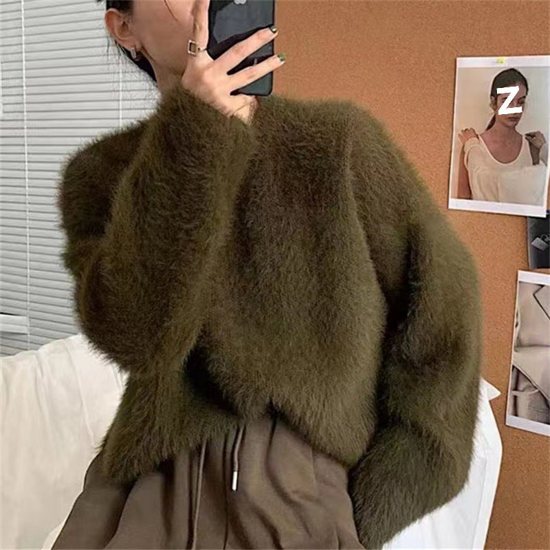 Damen Flauschiger Pullover mit lässigem Schnitt und hohem Rundhalsausschnitt R&B