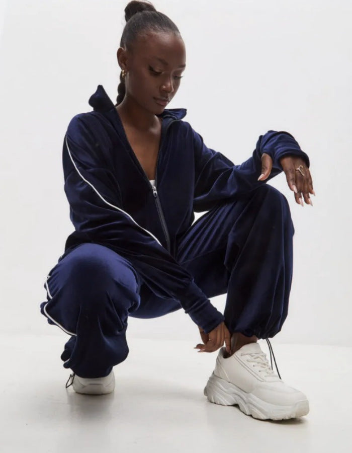 Damen elegantes Velours-Loungewear-Set im sportlichen Design mit kontrastierenden Streifen R&B