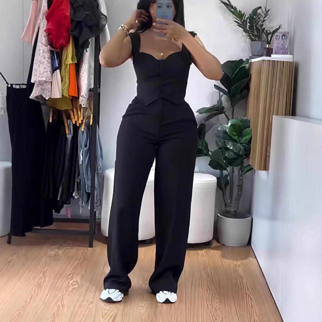 Damen Jumpsuit mit figurbetontem Oberteil und weiten Beinen R&B