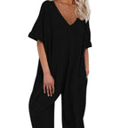 Damen Oversized Jumpsuit mit tiefem V-Ausschnitt und lässigen Taschen R&B