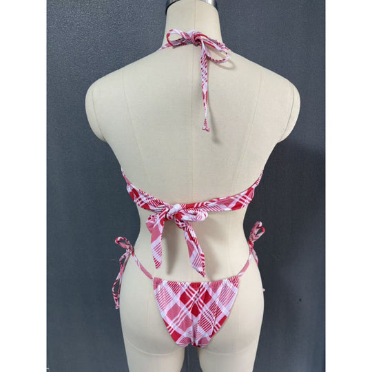 Damen Crop-Top Bikini mit asymmetrischem Schnitt und modischem Karomuster R&B