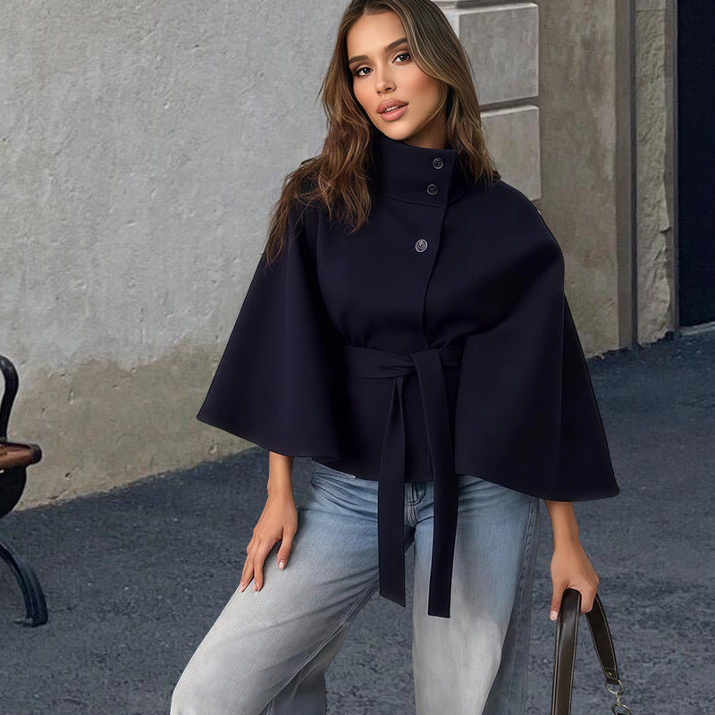 Damen Kapuzenjacke mit Wickelgürtel und elegantem Stehkragen R&B