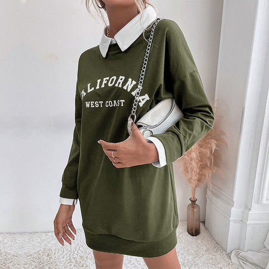 Damen Sweatkleid mit Hemdkragen und sportlichem Schriftzug R&B