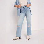 Damen Weite High-Waist Jeans mit Destroyed-Optik