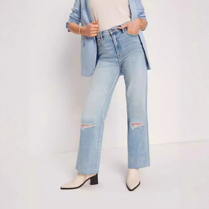 Damen Weite High-Waist Jeans mit Destroyed-Optik